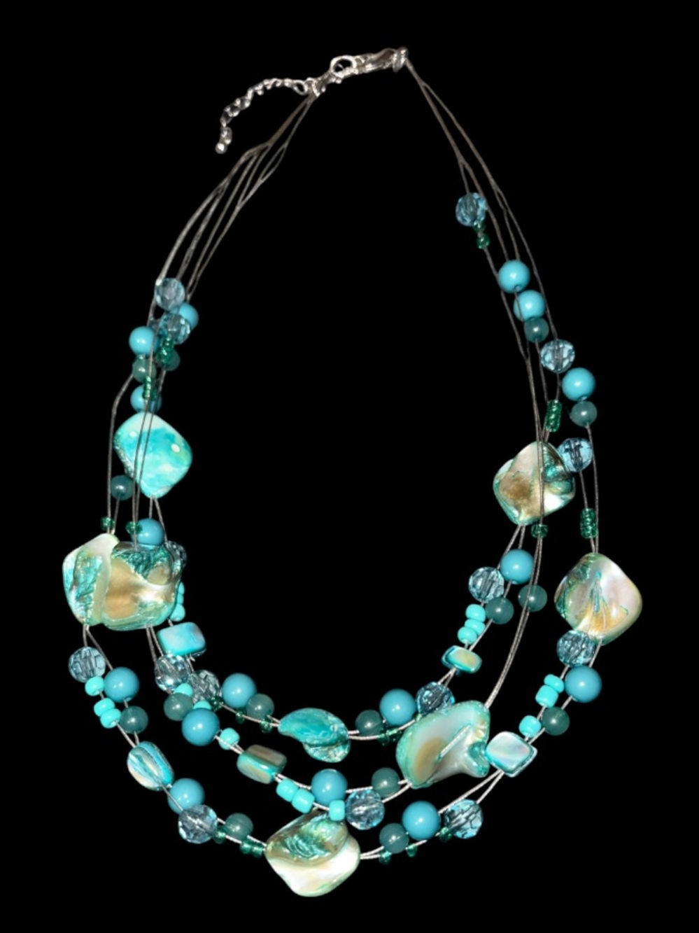 Multi-Strand Turquoise Glass & Shell Bead Necklace -